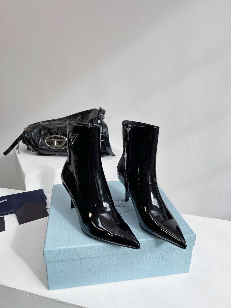 Prada AutumnWinter New Triangle Standard Fine Heel Side Zipper Pointed Short Boots The