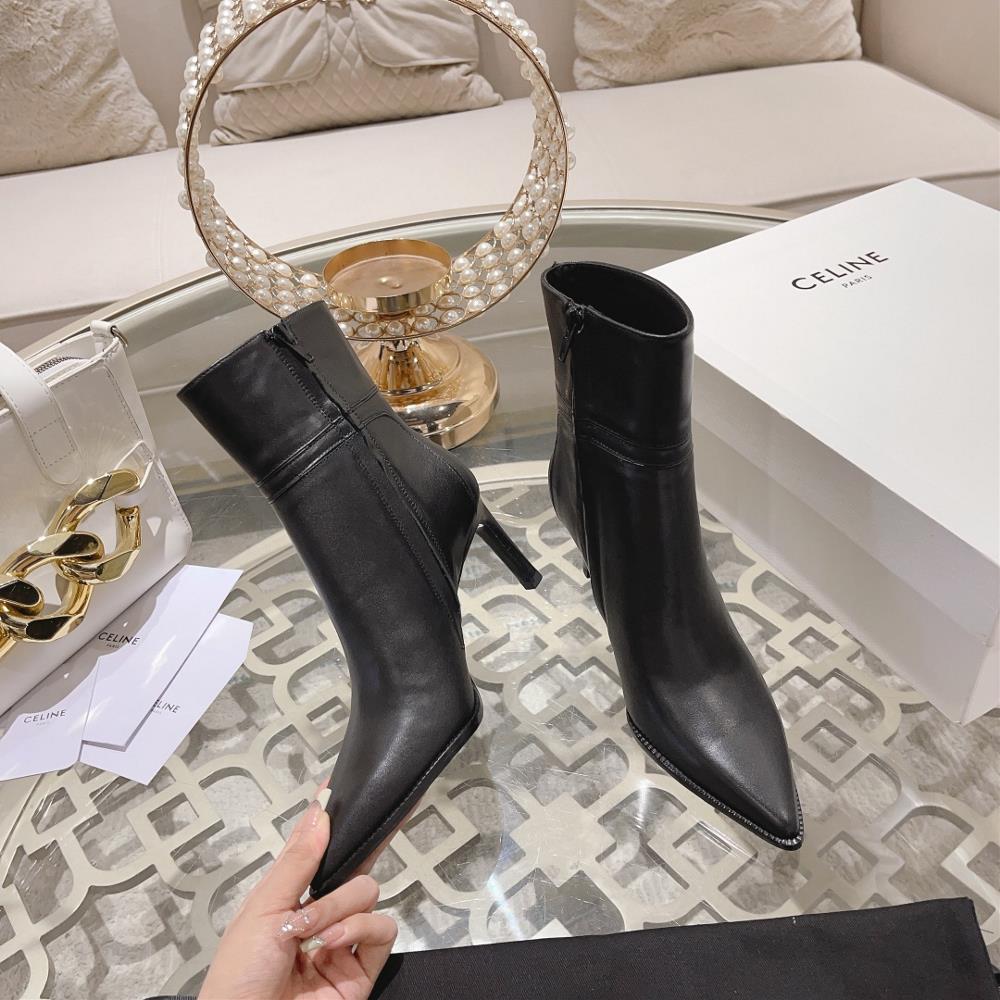Celine AutumnWinter New Simple Pointed Toe High Heel Short Boots Vintage Simple and Fa
